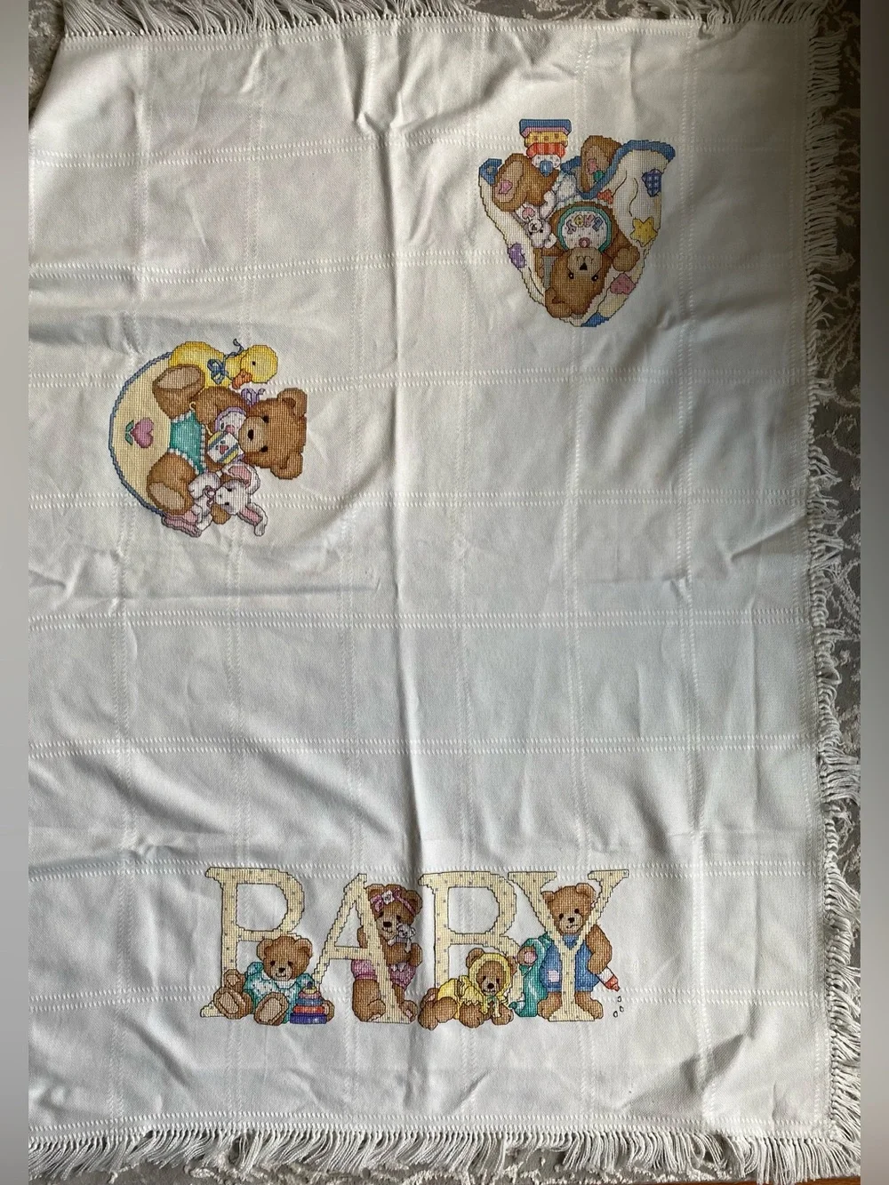 Vintage Handmade Cross Stitch Teddy Bear Baby Blanket Afghan White Fringed